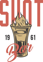 Cocktail B-52 with flame or fire. Burning alcohol liquor shot. Vector tropical design with hot B 52 for bar or pab