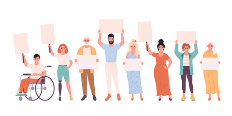 People of different age holding clean empty banners and placards. Activism, social movement. Democracy, rally and protest. People with physical disability. Vector illustration in flat style