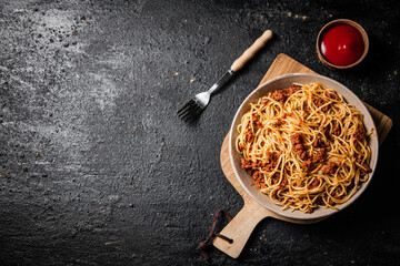 Ready made spaghetti bolognese on the table. 