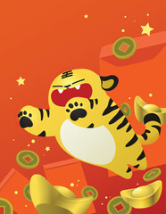 Happy chinese new year of lunar new year greeting card. Year of tiger 2022. Cute zodiac tiger with red envelopes , lucky coins and gold sycees. Offering luck money and red envelopes for new year.