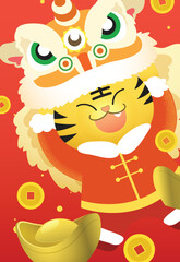 Happy chinese new year of lunar new year greeting card. Year of tiger 2022 or 2034. Cute zodiac tiger wearing costume of chinese lion with lucky coins and sycees. Offering luck money for new year. 