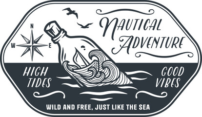 Nautical sea adventure print, marine travel, bottle on waves print