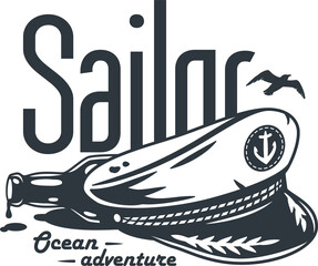 Ocean explorer sailor logo. Marine skipper cap or captain hat. Nautical wanderlust and adventure illustration