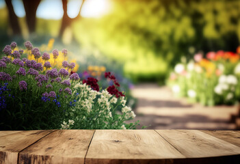 Fototapeta na wymiar Wooden garden table with trees and flowers and blurred background. Generative AI,
