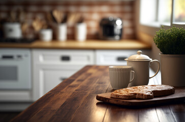 Fototapeta na wymiar Wooden table foreground and blurred kitchen background. Generative AI,