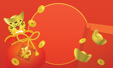 Wishing a happy chinese new year 2022 or lunar new year. Year of the tiger vector horizontal banner background. Cute zodiac tiger in a red money bag with a gold sycee, red envelopes and lucky coins.