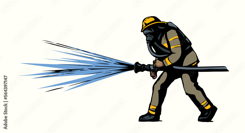 Wall mural Vector drawing. Firefighter puts out the fire