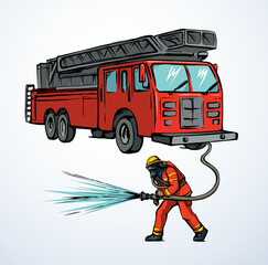Vector drawing. Firefighter puts out the fire