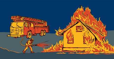 Vector drawing. Firefighter puts out the fire