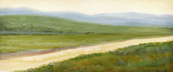 Fototapeta na wymiar Watercolor painting. Summer river landscape