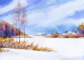 Watercolor painting. Rural winter landscape