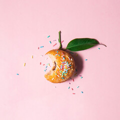 Healthy or tasty food concept. Doughnut and sprinkles on pastel light pink background. Minimalistic fruit composition.