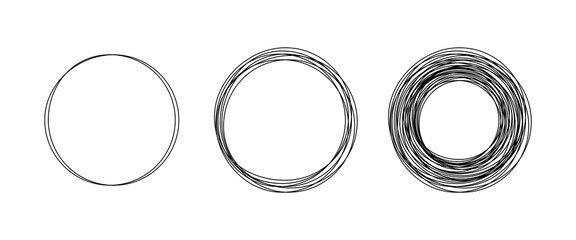 Continuous one line drawing of set black circles. Round frame sketch and speech bubble pen outline with empty space inside on white transparent background. Doodle vector illustration