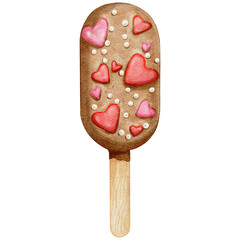Watercolor Valentine's chocolate popsicle ice cream with pink and red hearts. Hand-drawn Valentine's sweets with transparent background PNG