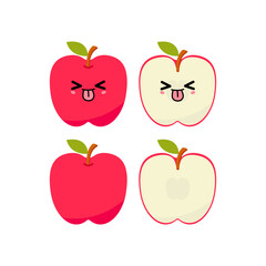 Naughty red apple with kawaii emoji. Flat design vector illustration of red apple on white background