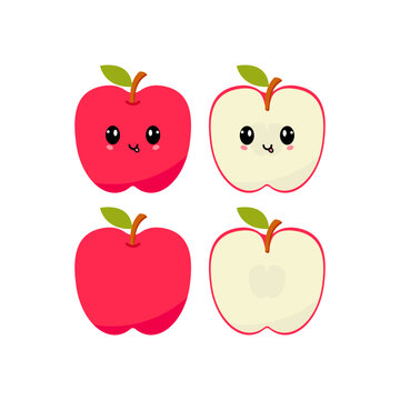 Playing red apple with kawaii emoji. Flat design vector illustration of red apple on white background