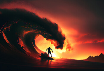 Fototapeta premium Silhouette eines Surfers im Sonnenuntergang auf einer gigantischen Welle im Meer - Generative Ai