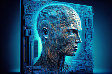 Artificial intelligence blue head, robot, AI, electronic parts