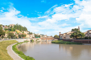 Beautiful view of the Church of San Giorgio on the Adige River in Verona, Italy