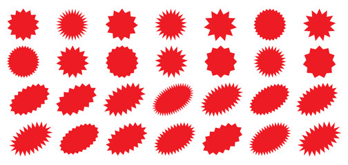 Starburst red sticker set - collection of special offer sale round and oval sunburst labels and buttons isolated on white background. Stickers and badges with star edges for promo advertising.