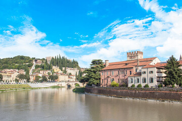 Fototapeta na wymiar Beautiful view of the Church of San Giorgio on the Adige River in Verona, Italy