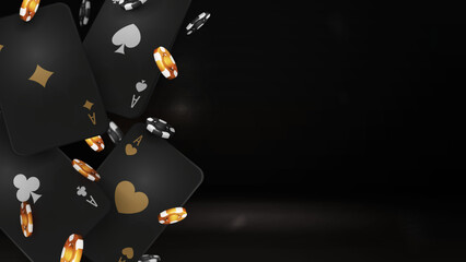 Black and gold falling casino playing cards with poker chips on black background