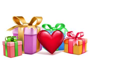 Valentine's Day illustration with colored gift boxes and red heart on white background
