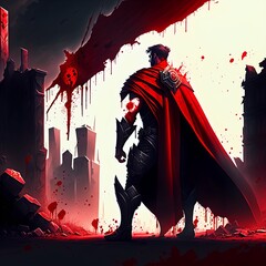 illustration of a hero in a red cape, standing in the middle of the street in a post-apocalyptic city