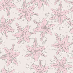 Jasmin flower seamless pattern with Dots. Pastel rose colors with gray outlines. Seamless pattern.