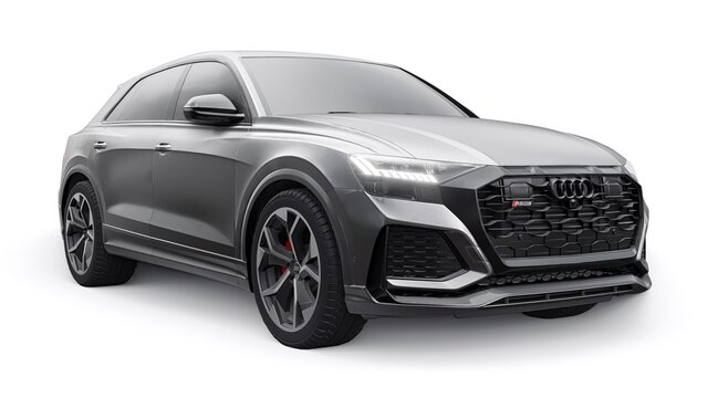 Berlin. Germany. November 08, 2022. Audi RSQ8 2022. Grey sports SUV with four-wheel drive quattro for driving pleasure as well as for family and work. 3d illustration.