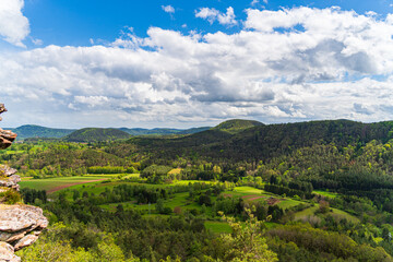 Fototapeta na wymiar a beautiful panorama near the geiersteine over the Palatinate Forest in springtime,Germany, rhineland-palatinate