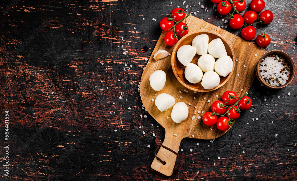 Poster Mozzarella cheese on a cutting board with spices and tomatoes. 