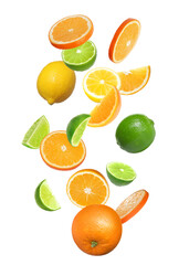 Different fresh citrus fruits and leaves falling on white background