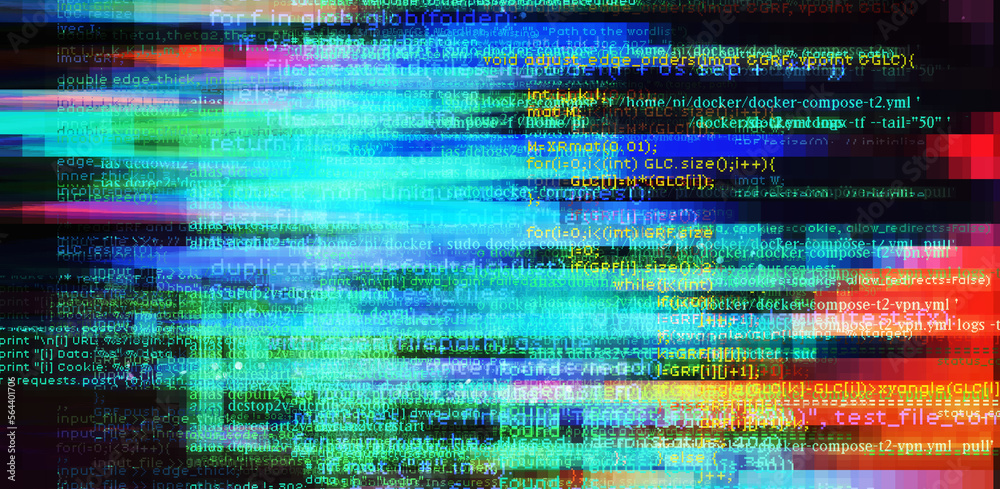 Poster Abstract technology background with glitched code. Concept of a programming and IT science.