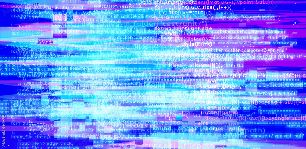 Fototapete Abstract technology background with glitched code. Concept of a programming and IT science.