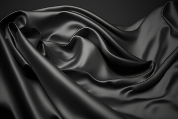 Black silk satin fabric background, dark silky cloth curtain texture
