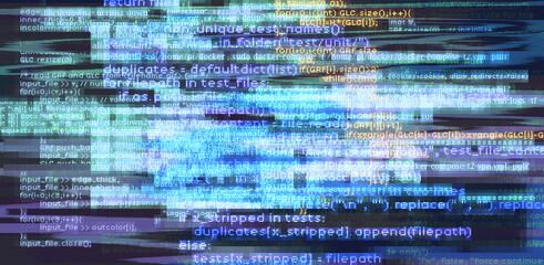 Abstract technology background with glitched code. Concept of a programming and IT science. - obrazy, fototapety, plakaty