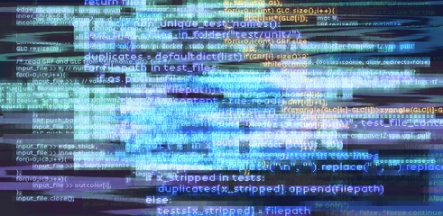 Fotobehang Abstract technology background with glitched code. Concept of a programming and IT science. © local_doctor