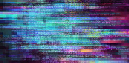 Abstract technology background with glitched code. Concept of a programming and IT science.