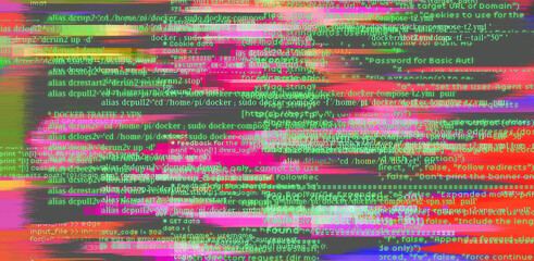 Abstract technology background with glitched code. Concept of a programming and IT science.
