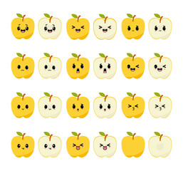 Yellow apples set with kawaii emoji. Flat design vector illustration of yellow apples on white bakground