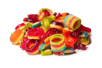 Assorted colorful gummy candies. Top view. Jelly donuts. Jelly bears. Isolated on a white background.