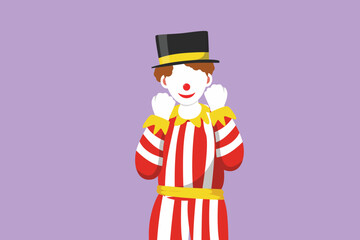 Character flat drawing happy male clown standing with celebrate gesture wearing hat and smiling face makeup. Entertain children kid at birthday party or circus show. Cartoon design vector illustration