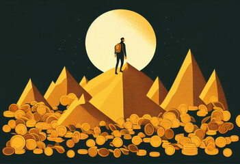 Golden mountains and silhouette of man, owner of great wealth. Mountains of gold coins....