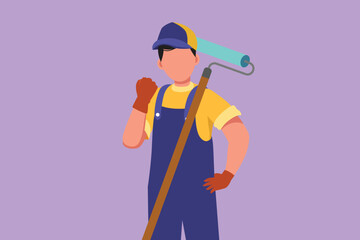 Cartoon flat style drawing handyman holding long paintbrush roll with celebrate gesture ready to work on painting wall, renovation, repairing damaged part of house. Graphic design vector illustration