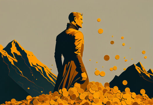 Golden mountains and silhouette of man, owner of great wealth. Mountains of gold coins....