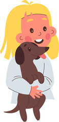 Happy cartoon girl cuddle dachshund puppy flat icon