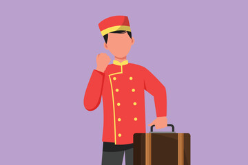 Graphic flat design drawing of hotel doorman in uniform held suitcase with celebrate gesture. Serve guests in friendly and warm manner. Porter with great hospitality. Cartoon style vector illustration