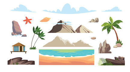 Set of beautiful beach equipment with side view in cartoon style. Vector illustration of constructor with beach, palm trees, rocks on land and sea, mountains, shells, starfish, clouds and house.