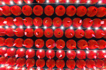 Decorative red lantern decoration for Chinese New Year Festival At night with the Chinese alphabet...